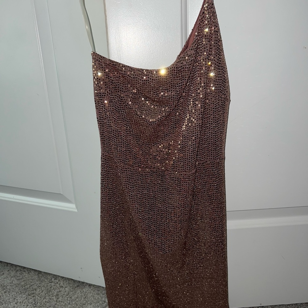Blue Blush One Shoulder Sequin Dress in rose gold